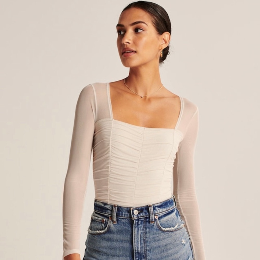 Long Sleeve Ruched Mesh Bodysuit